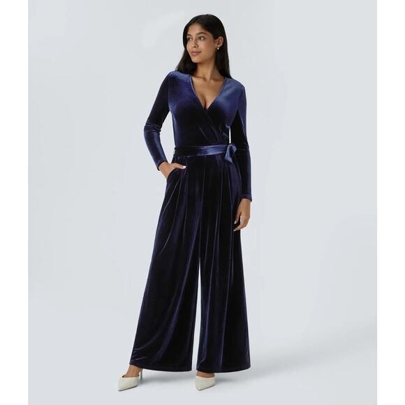 Halara Jumpsuit Velvet V-Neck Wrapped Long Sleeve Belted Wide Leg Blue NWT M - Picture 1 of 8
